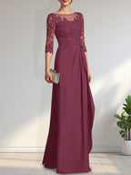 Vestido de gasa para madre de la novia con encaje, corte A, escote redondo, ilusión, largo hasta el suelo, con lentejuelas y abalorios y volantes en cascada