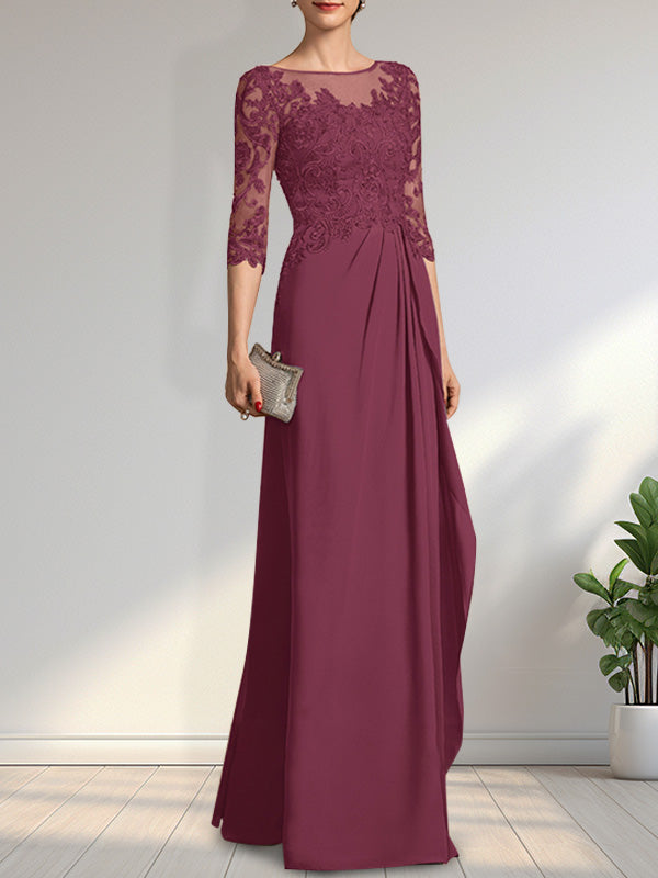 Vestido de gasa para madre de la novia con encaje, corte A, escote redondo, ilusión, largo hasta el suelo, con lentejuelas y abalorios y volantes en cascada