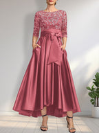 Vestido de madre de la novia de encaje satinado asimétrico con ilusión de corte A y lazo