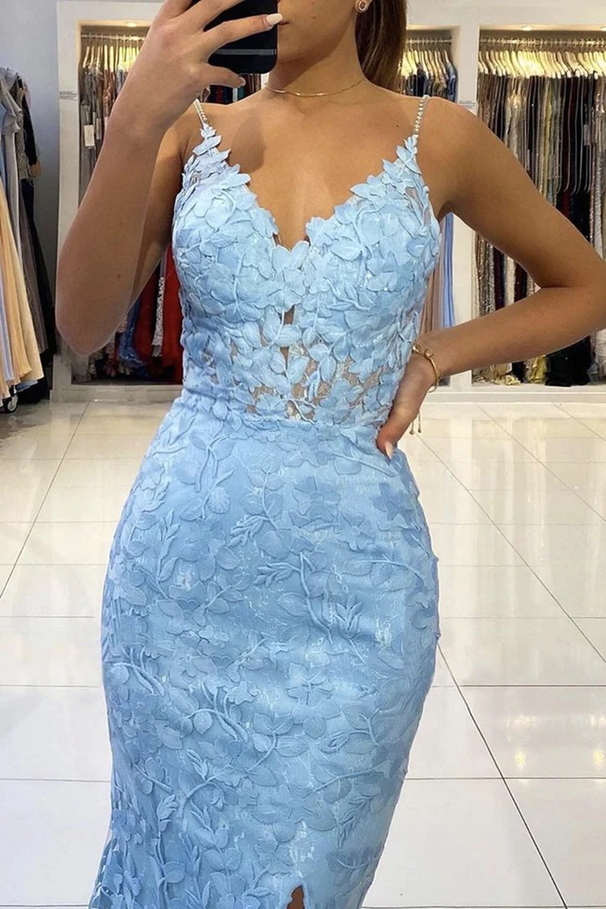 Vestido de fiesta largo de encaje azul con escote en V y espalda descubierta, vestido formal de encaje azul con corte sirena, vestido de noche de encaje azul Y333