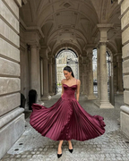 Vintage A-Linie Träger Burgund Satin Langes Ballkleid Abendkleid Y7994