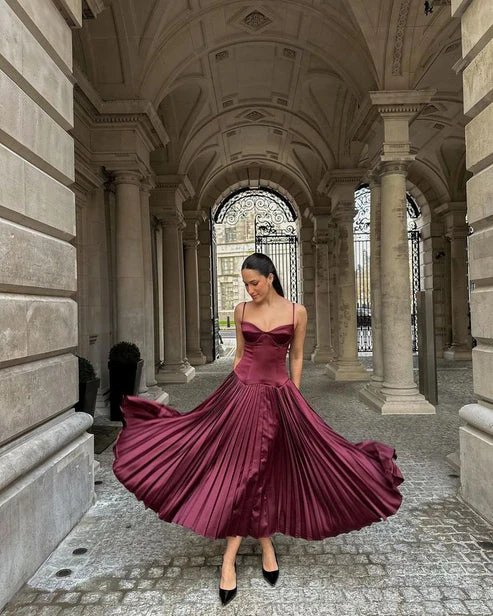 Vintage A-Linie Träger Burgund Satin Langes Ballkleid Abendkleid Y7994
