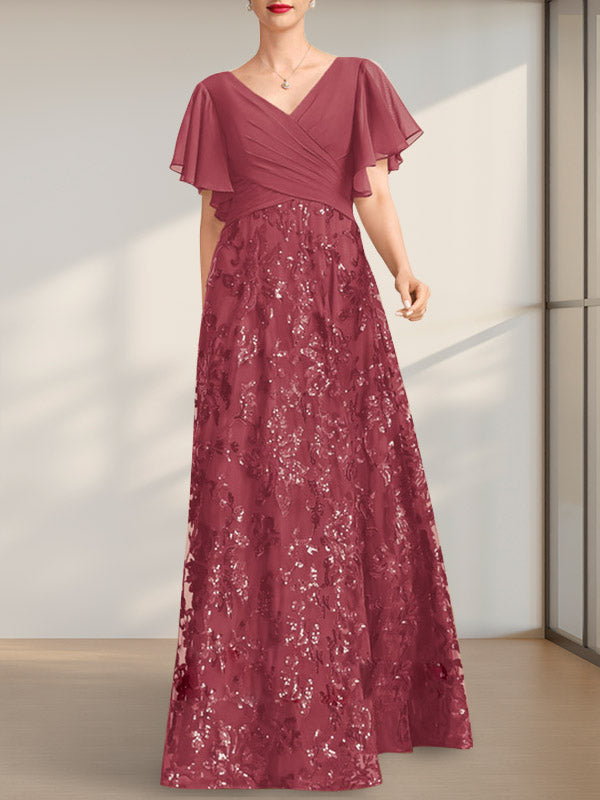 Vestido de madre de la novia de gasa con lentejuelas, encaje, escote en V y largo hasta el suelo, con pliegues