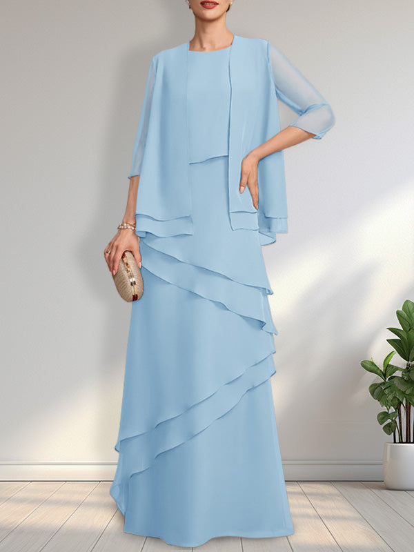 Vestido de gasa para madre de la novia con escote redondo y largo hasta el suelo