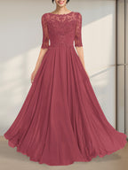Vestido de gasa de encaje con escote en A y ilusión hasta el suelo para madre de la novia con lentejuelas plisadas