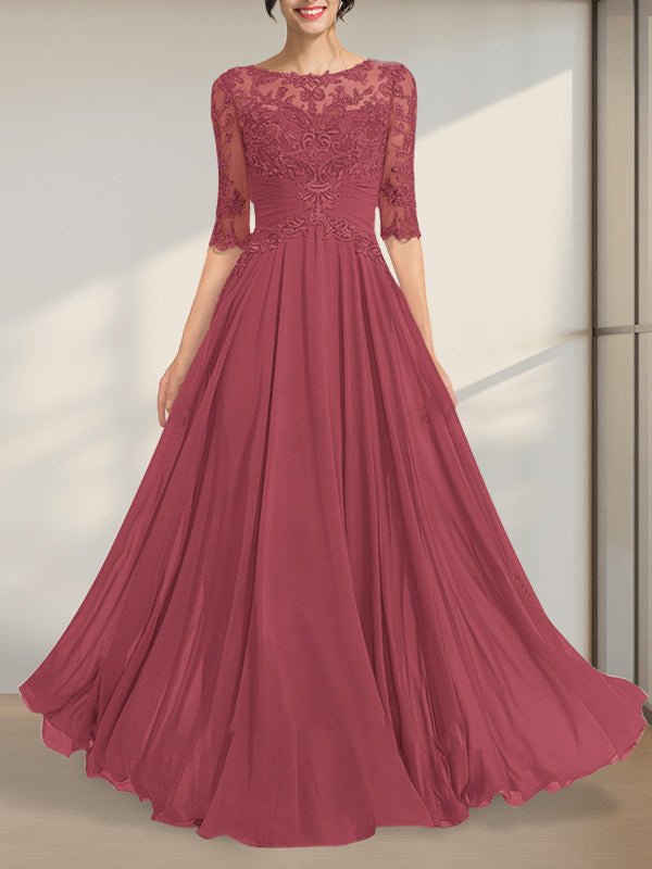 Vestido de gasa de encaje con escote en A y ilusión hasta el suelo para madre de la novia con lentejuelas plisadas