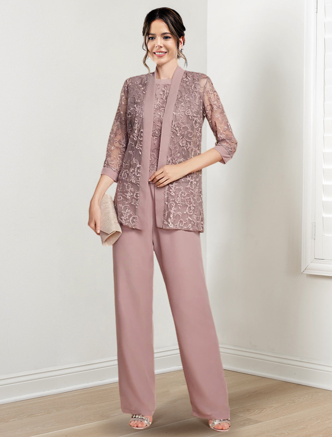 Chiffon-Hosenanzug mit Rundhalsausschnitt und Jacke für die Mutter der Braut 