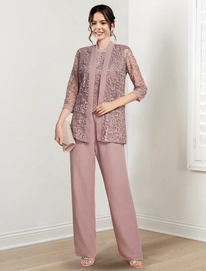 Chiffon-Hosenanzug mit Rundhalsausschnitt und Jacke für die Mutter der Braut 