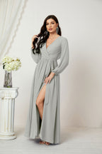 Vestidos de noche Sunnderly con escote en V profundo, gasa, para dama de honor, manga larga de obispo, abertura lateral, vestido formal SY2806 