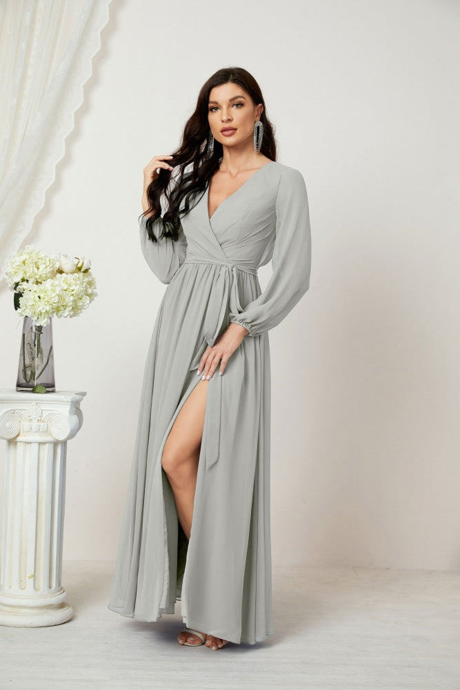 Vestidos de noche Sunnderly con escote en V profundo, gasa, para dama de honor, manga larga de obispo, abertura lateral, vestido formal SY2806 