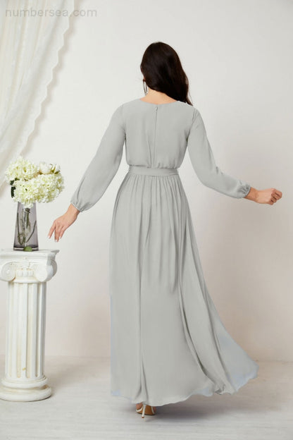 Sunnderly Evening Dresses Deep V-Neck Chiffon Bridesmaid Dresses Long Bishop Sleeve Side Split Formal Dress SY2806