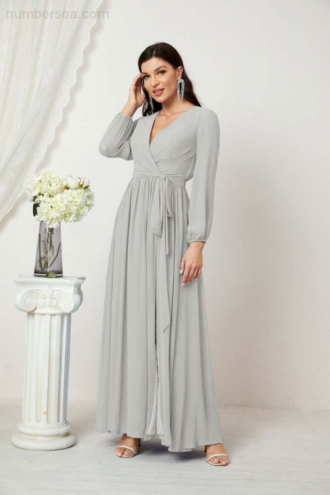 Vestidos de noche Sunnderly con escote en V profundo, gasa, para dama de honor, manga larga de obispo, abertura lateral, vestido formal SY2806 
