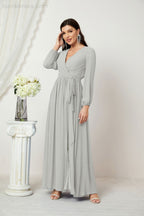 Vestidos de noche Sunnderly con escote en V profundo, gasa, para dama de honor, manga larga de obispo, abertura lateral, vestido formal SY2806 