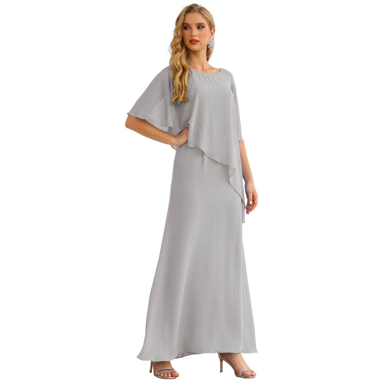 Sunnderly Chiffon Plus Size Mother of The Bride Dresses Formal Prom Gown Ruffle Cape