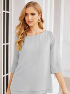 Elegante vestido de dos piezas para madre de la novia, talla grande, pantalón, capas con volantes, bata plateada SY28064 