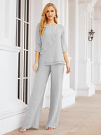 Elegante vestido de dos piezas para madre de la novia, talla grande, pantalón, capas con volantes, bata plateada SY28064 