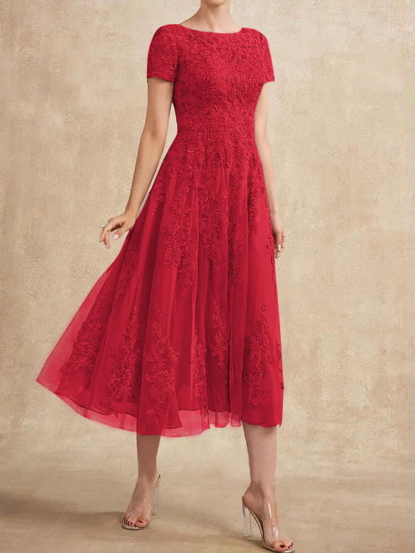 Vestido de madre de la novia de tul con encaje y corte en A, largo hasta la rodilla