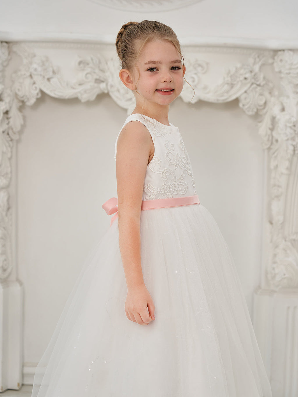 Duchesse-Linie/Princess-Linie Tüll Bodenlang Elfenbein Blumenmädchenkleid 