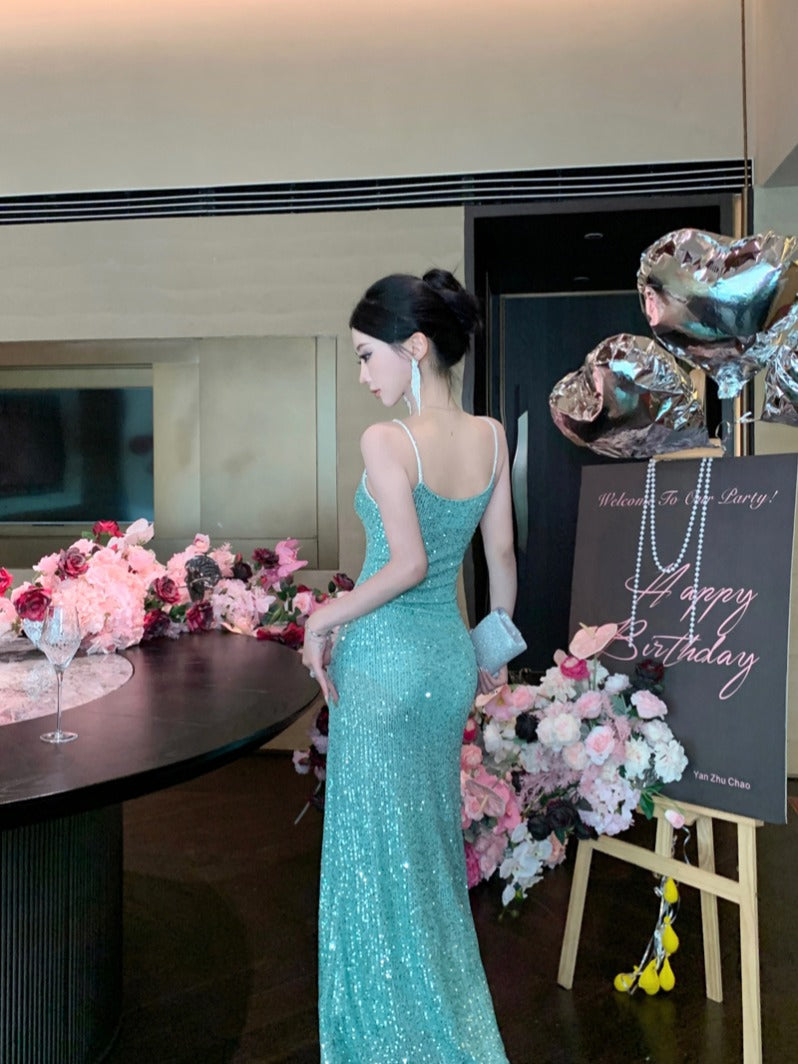 Green Sequin High-Slit Evening Dress – Elegant Party & Formal Gown