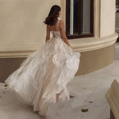 Elegant Spaghetti Straps Wedding Dress Sexy Lace Up Backless Robe De Mariée Romantic Square Collar Tulle Bridal Gowns-payinti