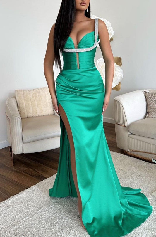 Vestido de fiesta de sirena con tirantes finos, sin mangas y escote en V con abertura alta en color jade