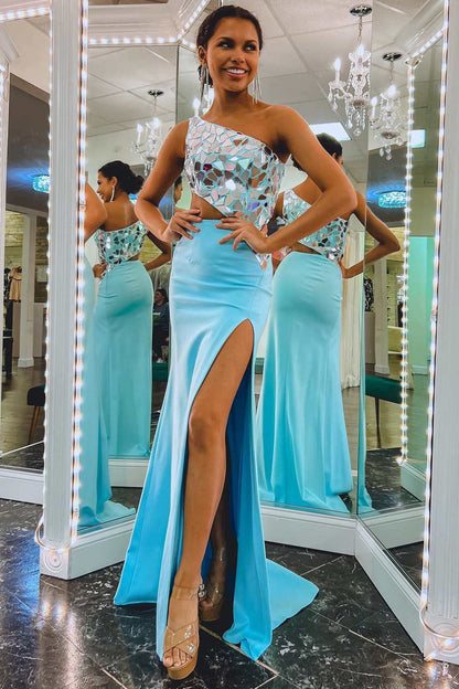 Ashley | Vestido de fiesta con un solo hombro, corte tubo y lentejuelas de espejo