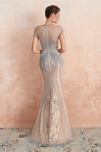 Glamorous Mermaid Beadings Long Prom Dress With Short Sleeves