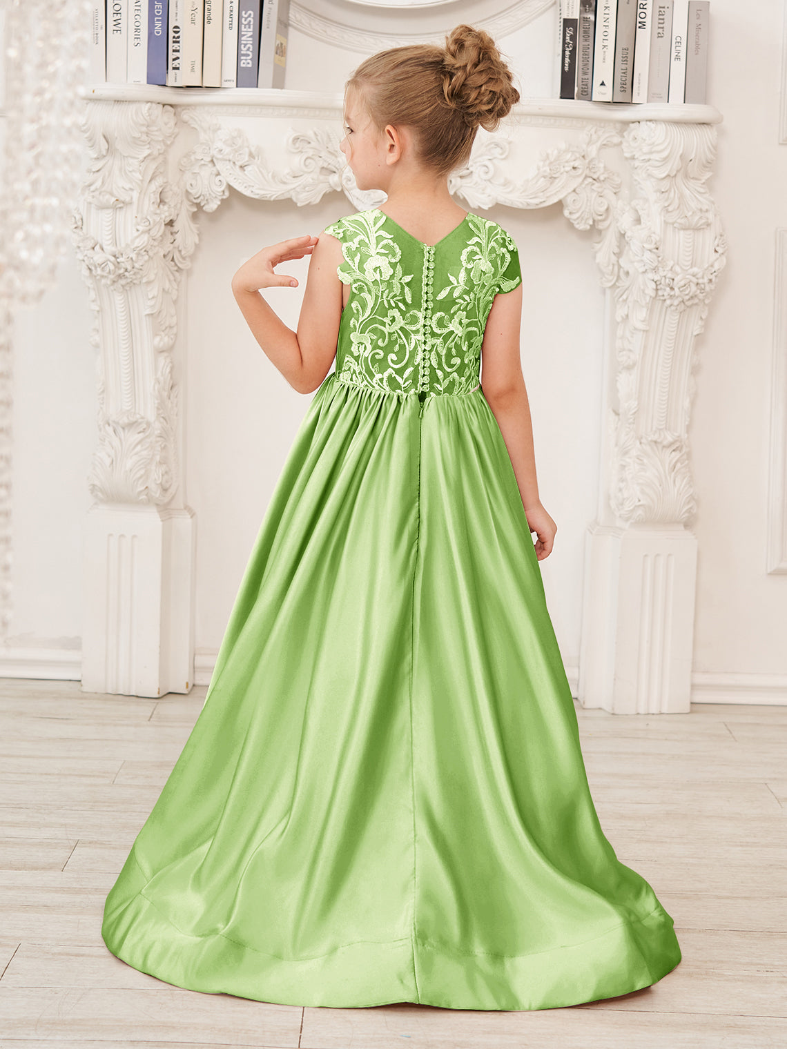 A-Linie Spitze Satin Bodenlang Blumenmädchenkleid 