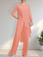 Vestido de gasa para madre de la novia con lentejuelas y abalorios, largo hasta el suelo y mono/pantalón separado