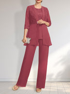 Jumpsuit/Pantsuit Separates Scoop Floor-Length Chiffon Lace Mother of the Bride Dress With Sequins
