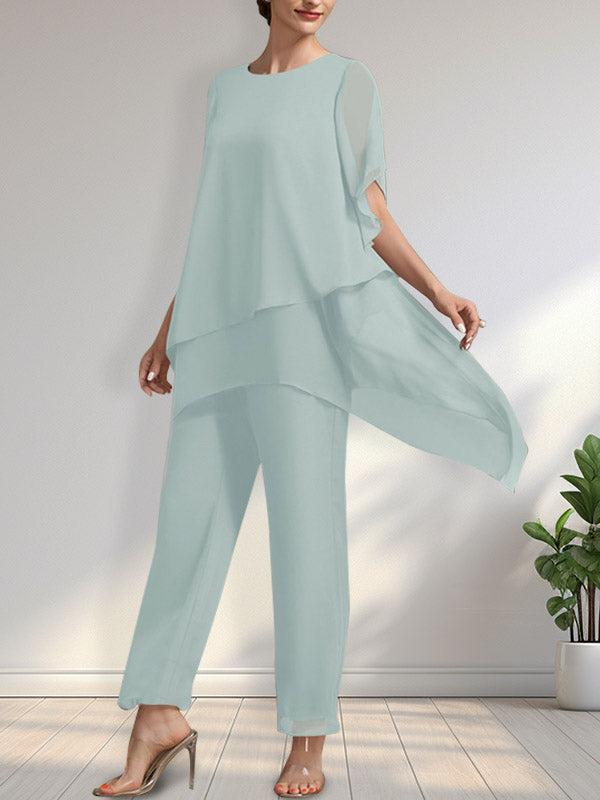 Vestido de gasa para madre de la novia, con escote redondo y largo hasta los tobillos, de mono/pantalón separado
