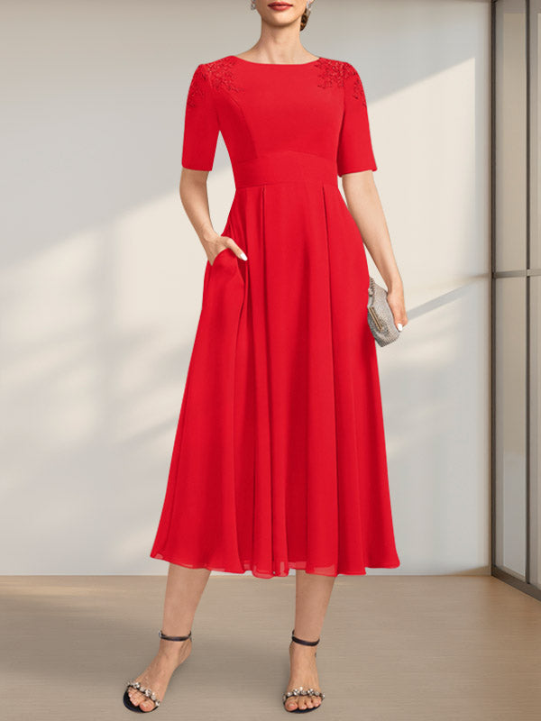 Vestido de gasa para madre de la novia, corte A, escote redondo, largo hasta la rodilla, con apliques de encaje y lentejuelas