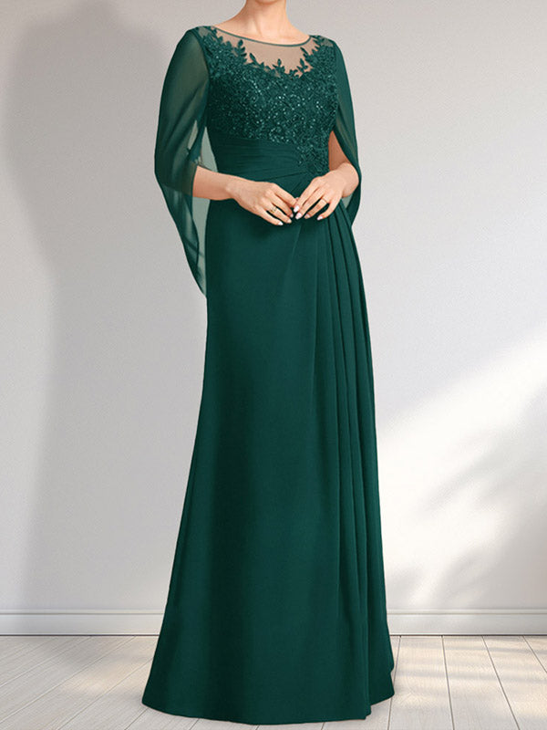 Vestido de gasa con encaje, ilusión, corte A, largo hasta el suelo, para madre de la novia con lentejuelas plisadas