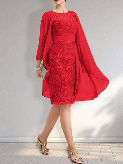 Vestido de madre de la novia de gasa con encaje, escote redondo, ilusión, largo hasta la rodilla, con volantes en cascada y lentejuelas
