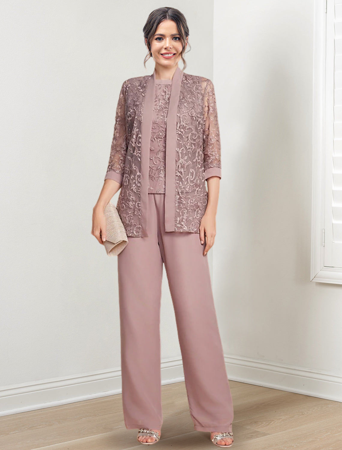 Chiffon-Hosenanzug mit Rundhalsausschnitt und Jacke für die Mutter der Braut 