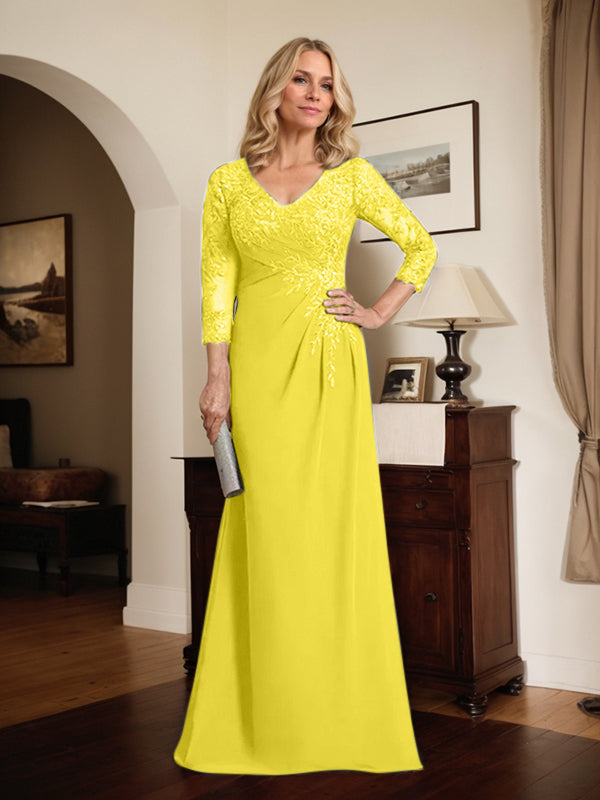 Vestido de madre de la novia de gasa con encaje, escote en V, ilusión, largo hasta el suelo, con lentejuelas plisadas