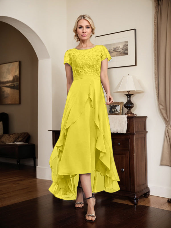 Vestido de madre de la novia de gasa asimétrica con escote en A, ilusión, encaje, lazo, volante y lentejuelas