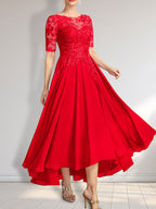 Vestido de madre de la novia de gasa asimétrica con encaje, ilusión, corte A y lentejuelas