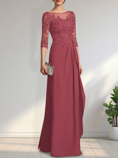 Vestido de gasa para madre de la novia con encaje, corte A, escote redondo, ilusión, largo hasta el suelo, con lentejuelas y abalorios y volantes en cascada