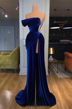 Vestido de fiesta de sirena azul oscuro de un solo hombro con abertura larga y cuentas