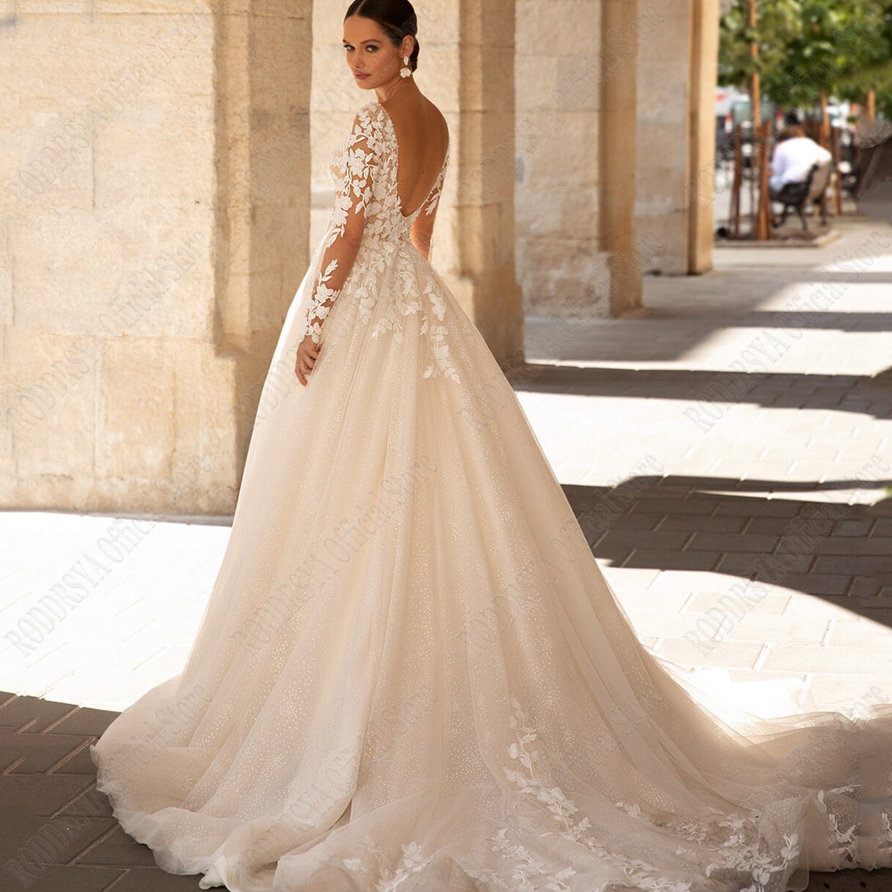 Exquisite Wedding Dresses Long Sleeves Sexy Backless Bride Gowns Applique Princess Tulle A-Line vestidos de novia-payinti