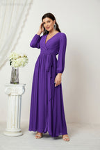 Vestidos de noche Sunnderly con escote en V profundo, gasa, para dama de honor, manga larga de obispo, abertura lateral, vestido formal SY2806 