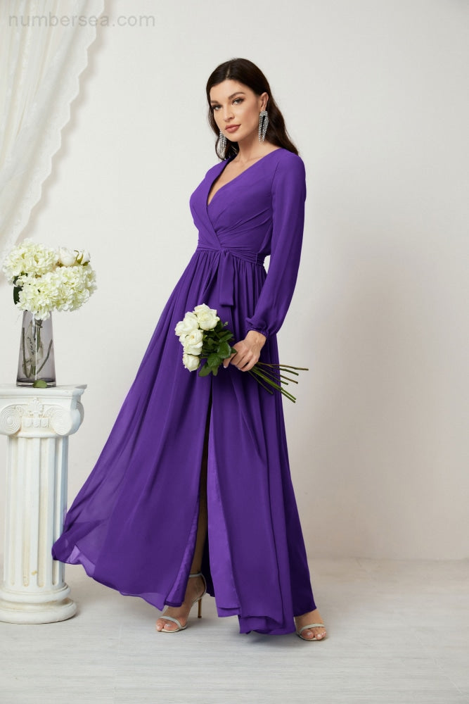 Vestidos de noche Sunnderly con escote en V profundo, gasa, para dama de honor, manga larga de obispo, abertura lateral, vestido formal SY2806 