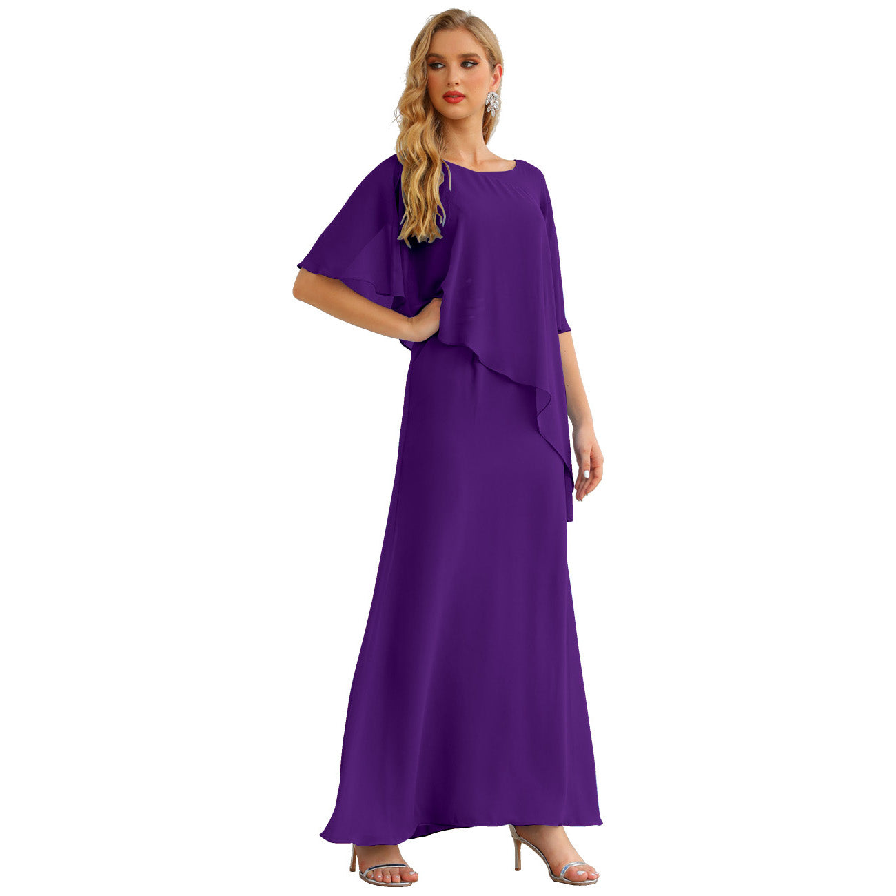 Sunnderly Chiffon Plus Size Mother of The Bride Dresses Formal Prom Gown Ruffle Cape