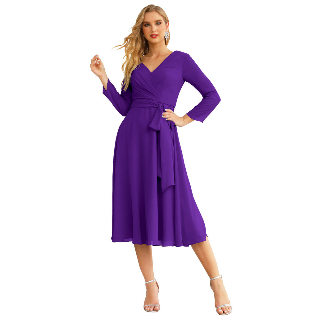 Sunnderly Chiffon Bridesmaid Dress V-Back Waist Belt Formal Prom Gown Mother of The Bride Wedding Guest