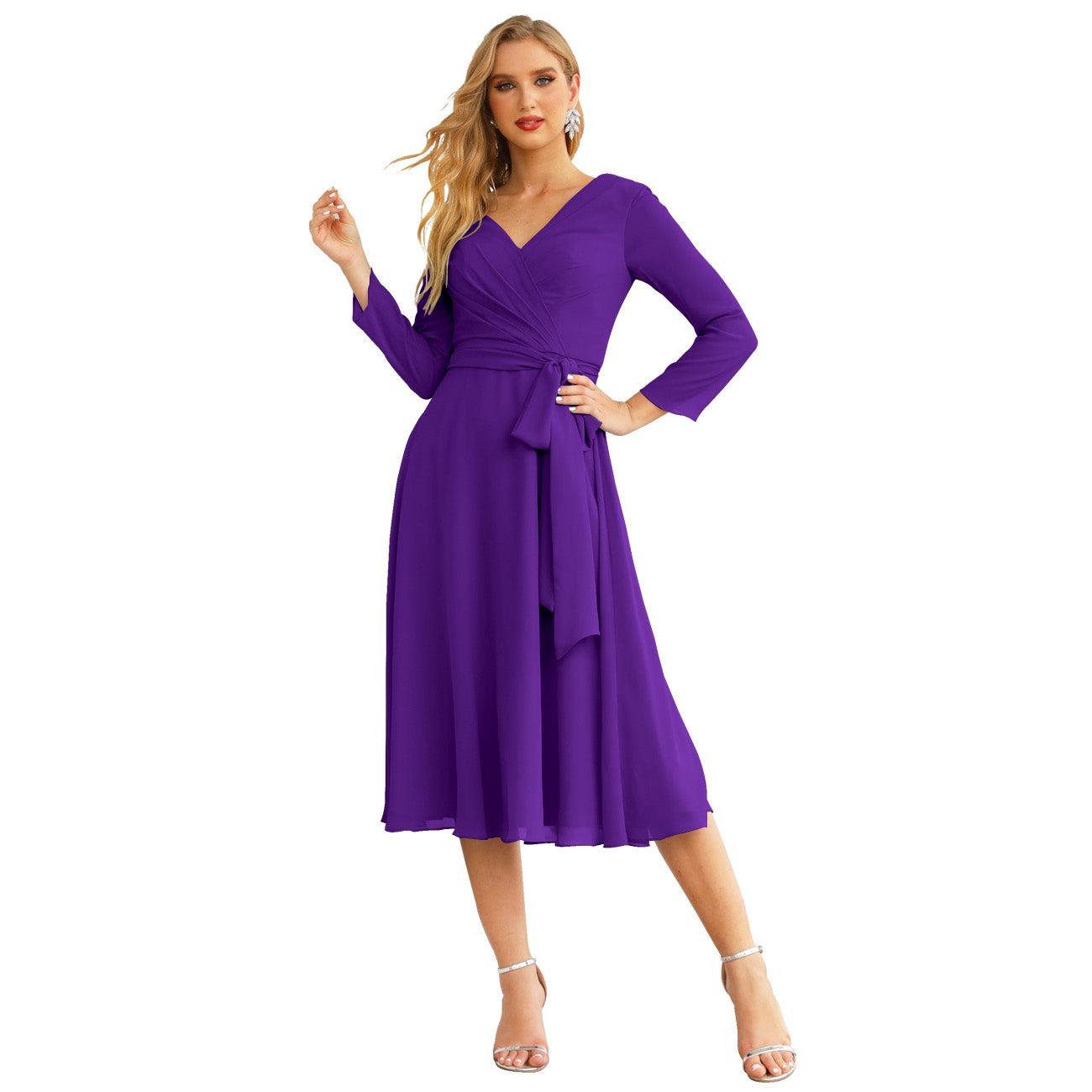 Sunnderly Chiffon Bridesmaid Dress V-Back Waist Belt Formal Prom Gown Mother of The Bride Wedding Guest