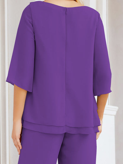 Sunnderly Elegant 2 Piece Mother of The Bride Dress Plus Size Pant Suits Ruffle Layers Sliver Housecoat SY28064