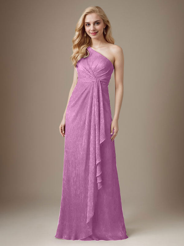 Vestido de madre de la novia con un solo hombro de malla metálica y corte rubí