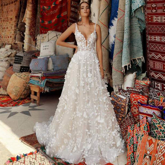 Exquisite 3D Flowers Appliques Wedding Dresses V-neck Backless Wedding Gown Vestido De Noiva Customer Made-payinti