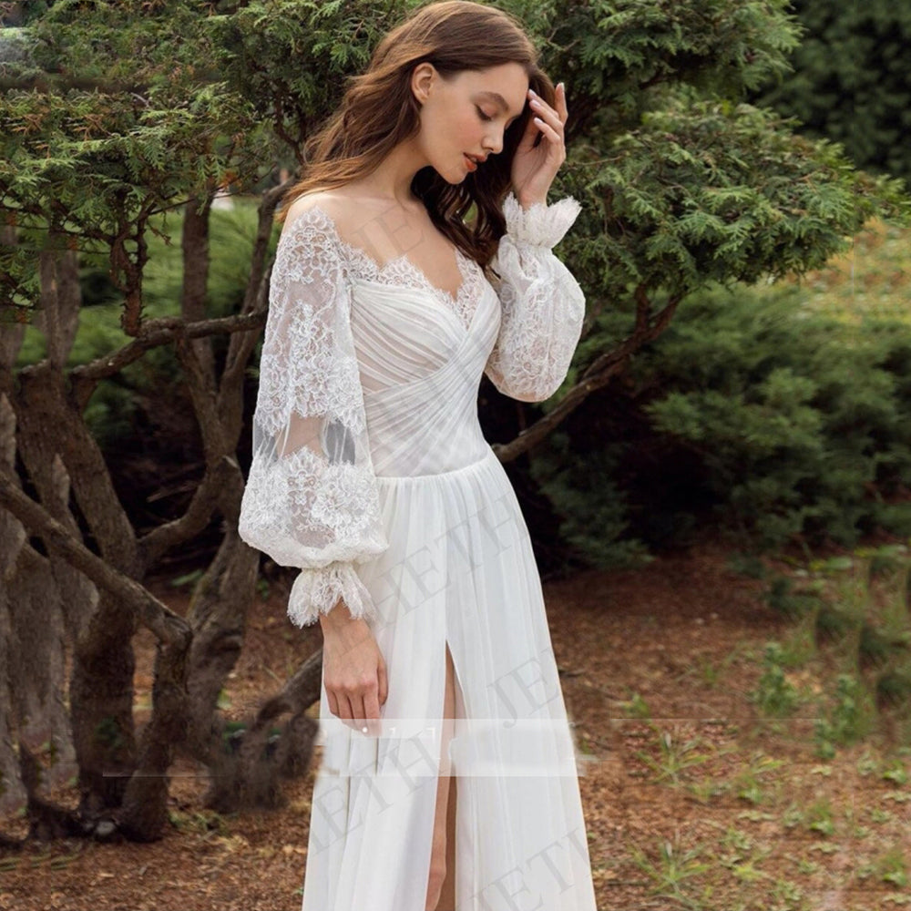 Wedding Dresses Boho Beach Lace Long Sleeves Split Vestidos De Novia Elegant Bohemian Bridal Gown Chiffon Illusion O Neck-payinti